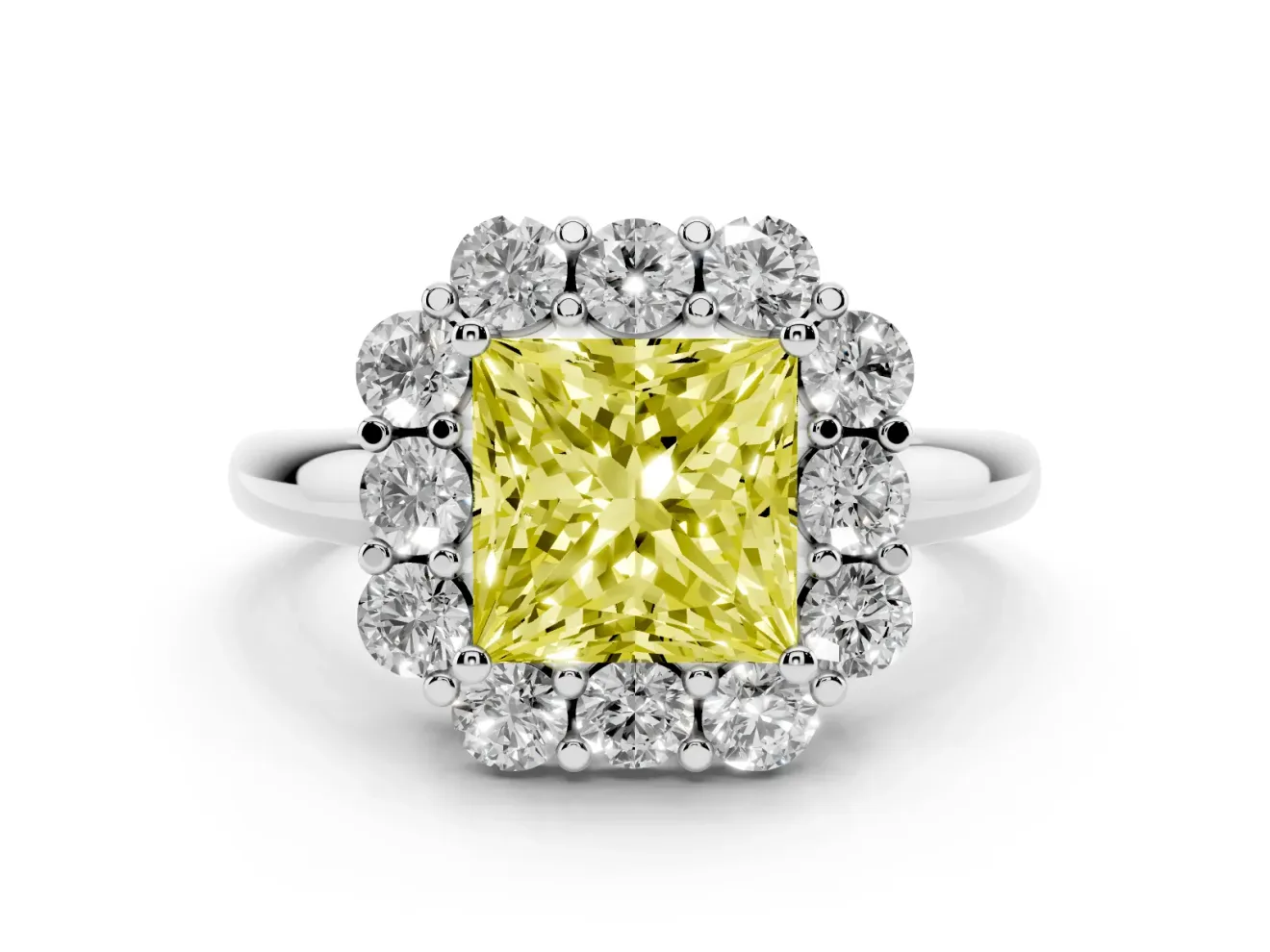 Princess Cut Graduated Milgrain Halo Engagement Ring Setting for a Fancy Yellow Lab-Grown Diamond | White Gold