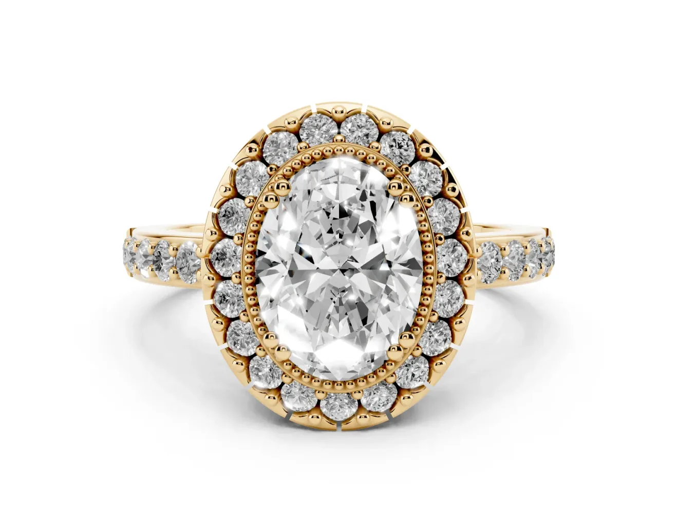 Oval Cut Diamond Halo Ring Set in Yellow gold with Pavé Shank and Prong Setting
