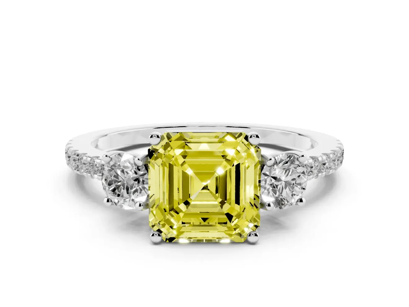 Asscher Cut Three Stone Engagement Ring Setting for a Fancy Yellow Lab-Grown Diamond | Pave Shoulders | Platinum