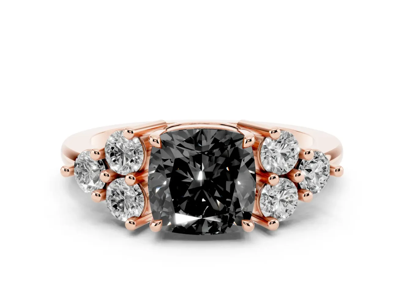 Cushion Cut Cluster Side Stone Engagement Ring Setting for a Black Center | Plain Band | Rose Gold