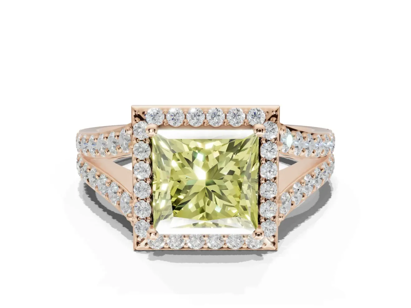 Princess Cut Halo Pavé Engagement Ring Setting for a Fancy Yellow Lab-Grown Diamond | Narrow Split Shank | Rose Gold