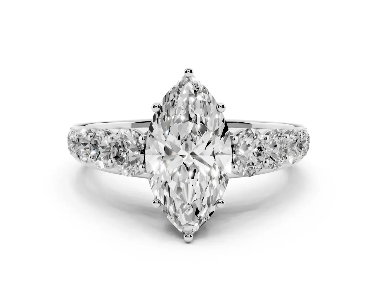 Marquise Graduated Side Stone Engagement Ring Setting | Flat Top Band | Sterling Silver
