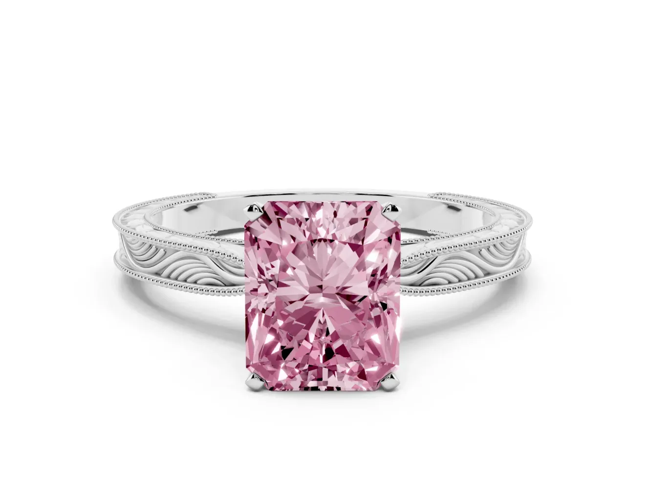 Fancy Pink Radiant Cut Diamond Solitaire Milgrain Engraved Band Set in White gold with Prong Setting