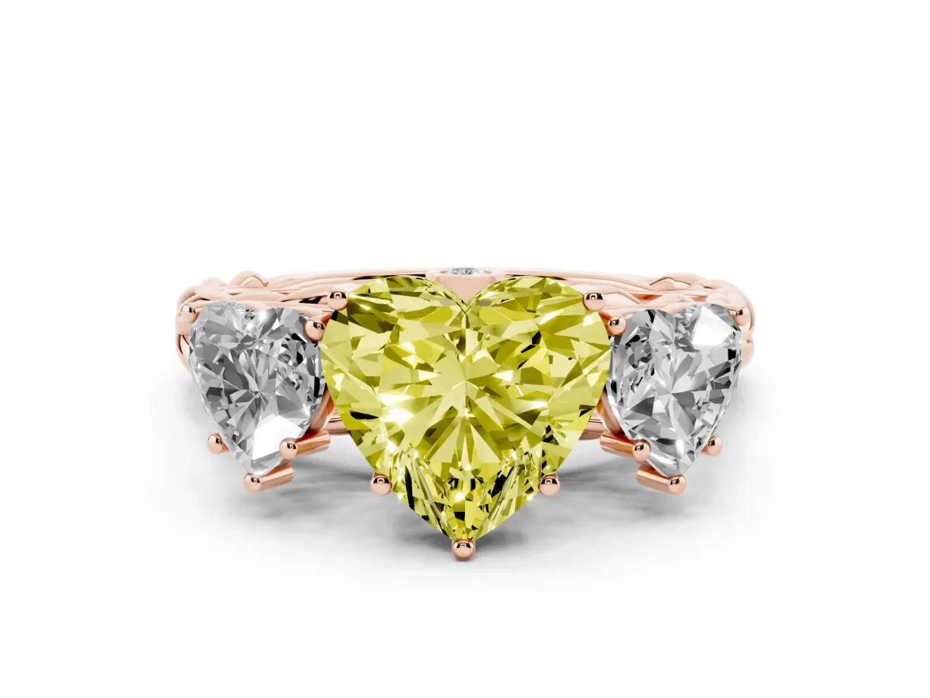 Heart-Shaped Three Stone Engagement Ring Setting for a Fancy Yellow Lab-Grown Diamond | Braided Band | Rose Gold
