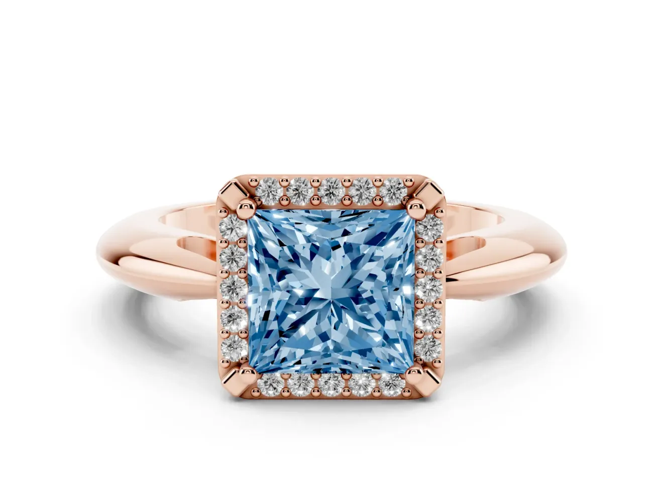 Princess Cut Halo Engagement Ring Setting for a Fancy Blue Lab-Grown Diamond | Plain Tapered Band | Rose Gold