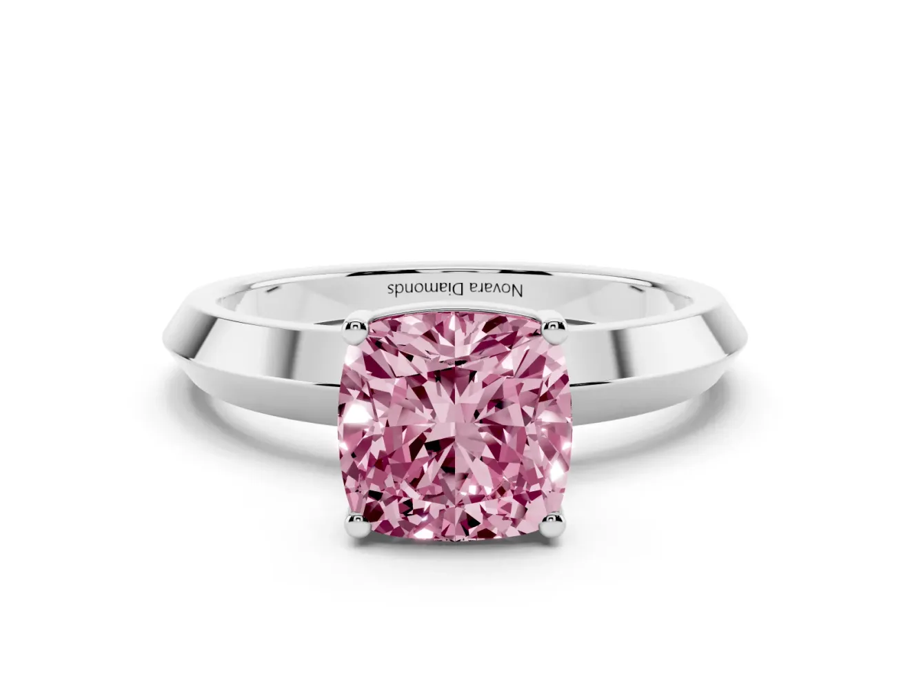 Fancy Pink Cushion Cut Diamond Solitaire Engagement Ring Set in Silver with Flat Band and Prong Setting