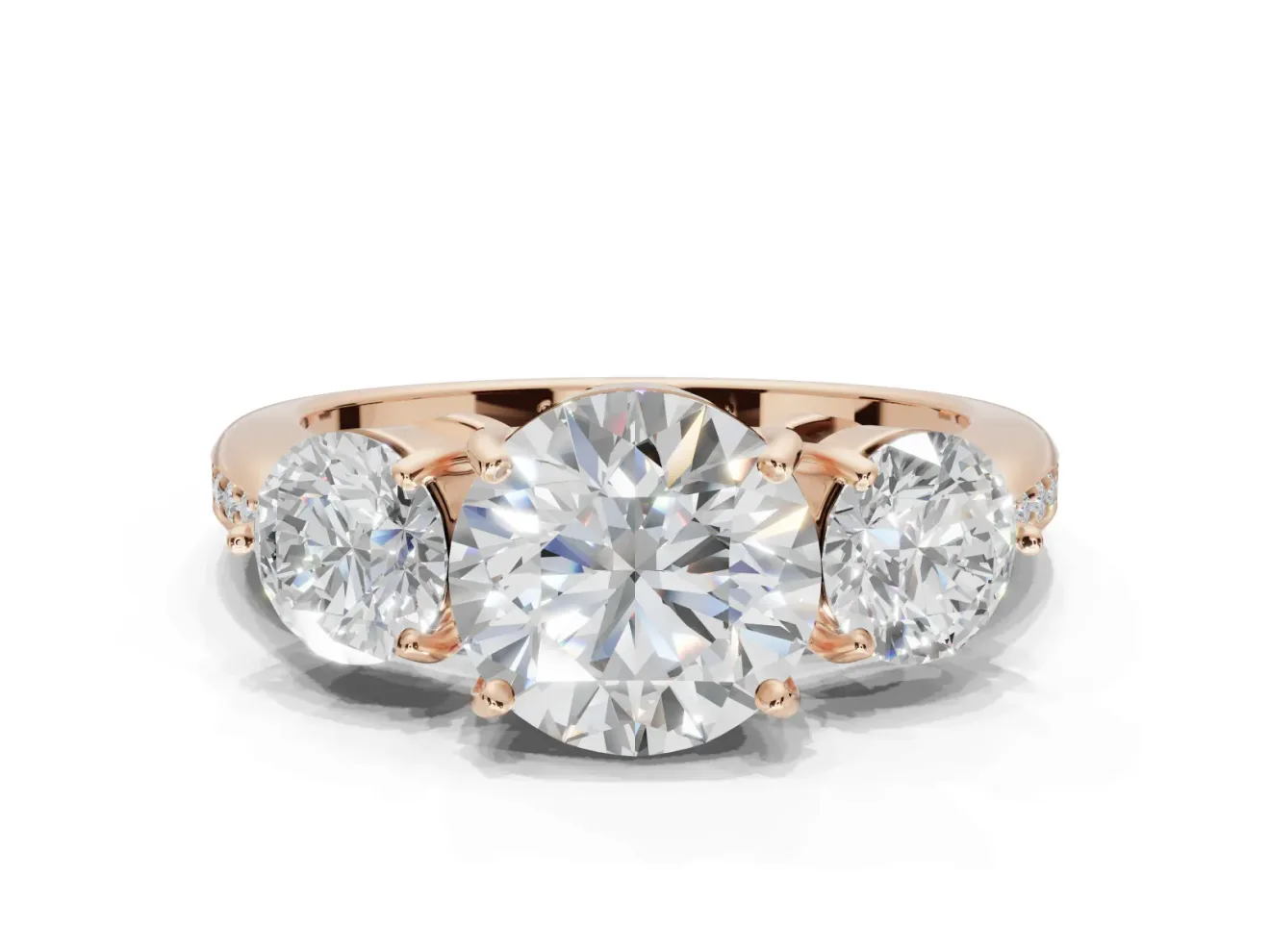 Round Three Stone Engagement Ring Setting | Tapered Pave Band | Rose Gold