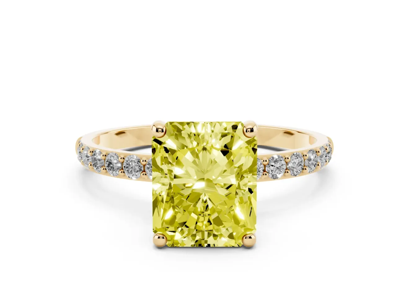 Fancy Yellow Radiant Cut Diamond Solitaire Ring Set in Yellow gold with Round Pavé Band and Prong Setting