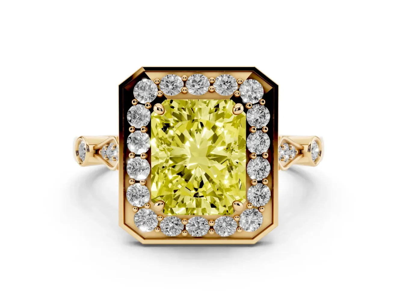 Radiant Cut Halo Engagement Ring Setting for a Fancy Yellow Lab-Grown Diamond | Bezel Station Shoulders | Yellow Gold