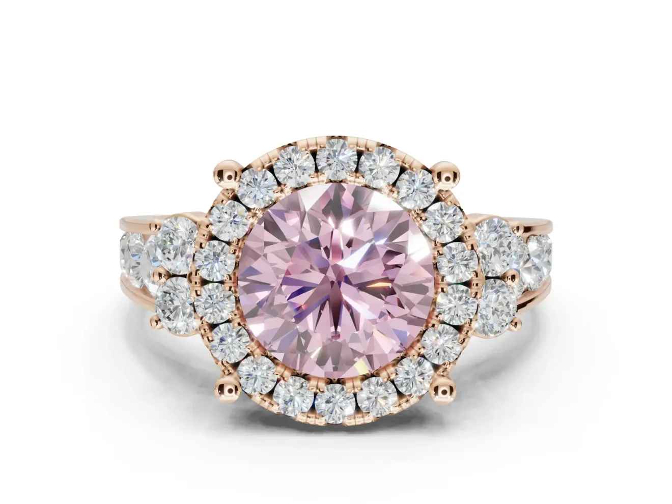 Round Halo Engagement Ring Setting for a Fancy Pink Lab-Grown Diamond | Side Clusters | Rose Gold
