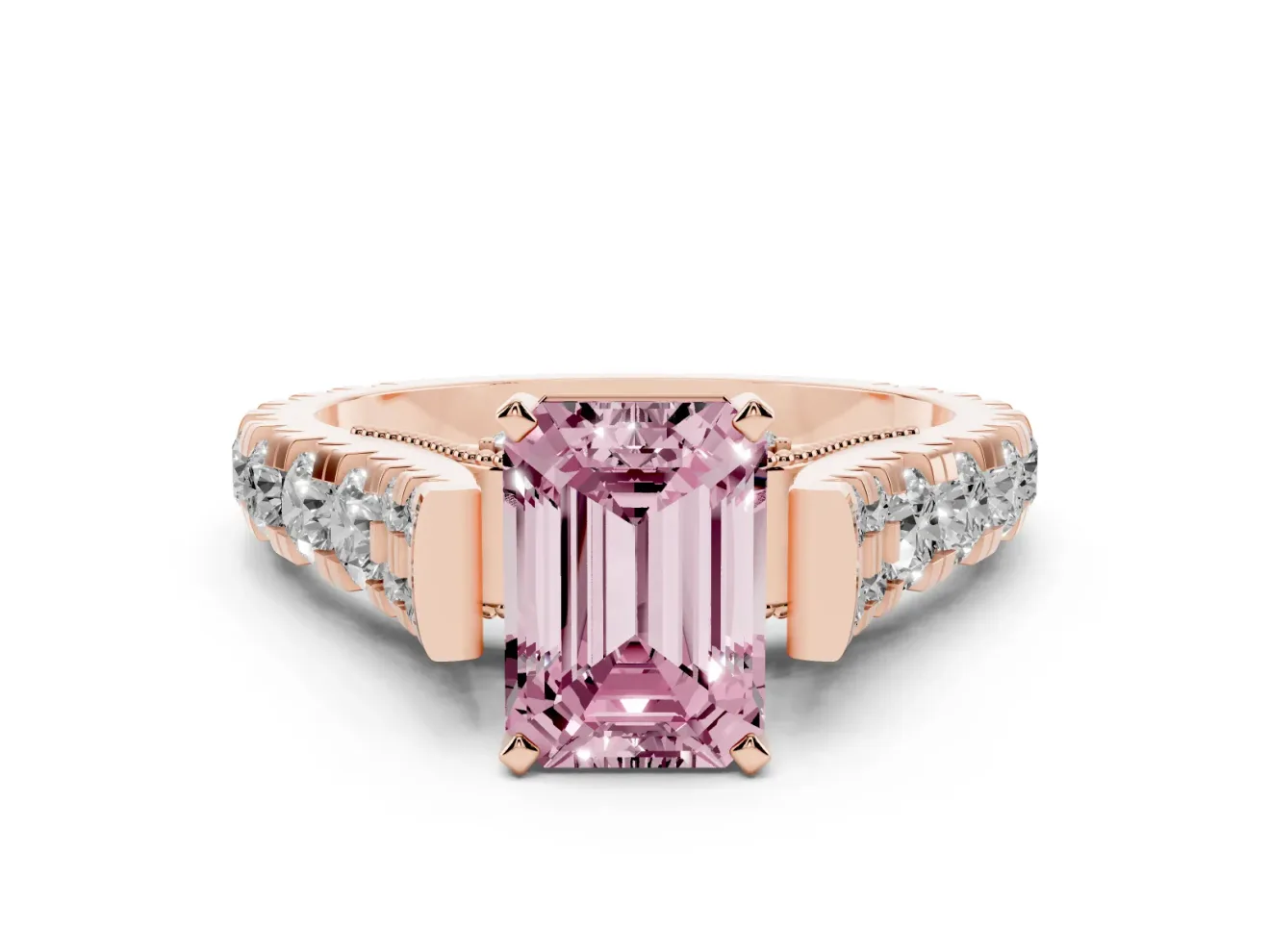 Fancy Pink Emerald Cut Diamond Classic Solitaire Ring Set in Rose gold with Pavé Band and Prong Setting