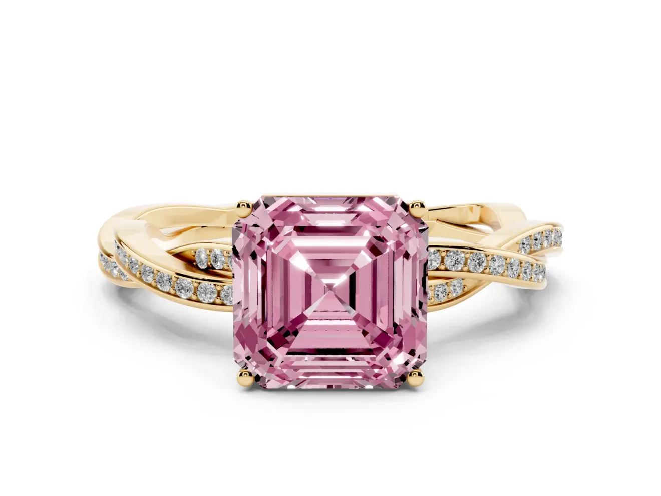Fancy Pink Asscher Cut Diamond Solitaire Twisted Pavé Ring Set in Yellow gold with Prong Setting
