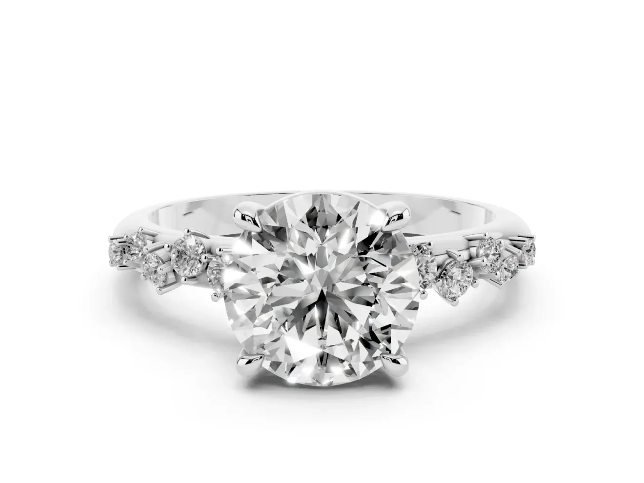 Round Cut Diamond Solitaire Vine Band Ring Set in Silver with Round Accents and Prong Setting