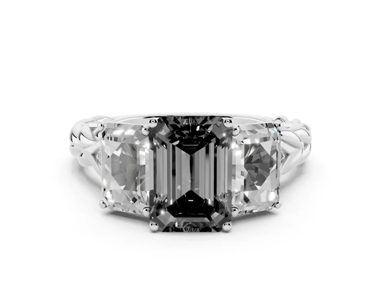 Fancy Black Emerald Cut Diamond Three-Stone Ring Set in Silver with Braided Band