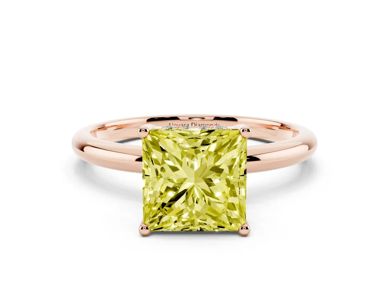 Fancy Yellow Princess Cut Diamond Solitaire Engagement Ring Set in Rose gold with Prong Setting and Polished Band