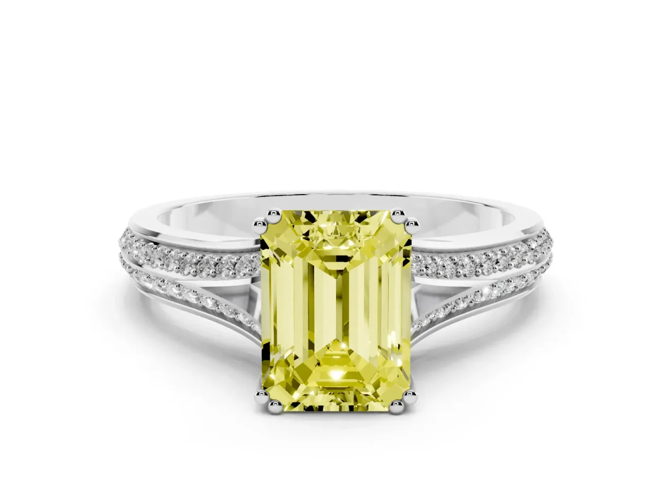 Emerald Cut Split Shank Engagement Ring Setting for a Fancy Yellow Lab-Grown Diamond | Pave Band | Sterling Silver