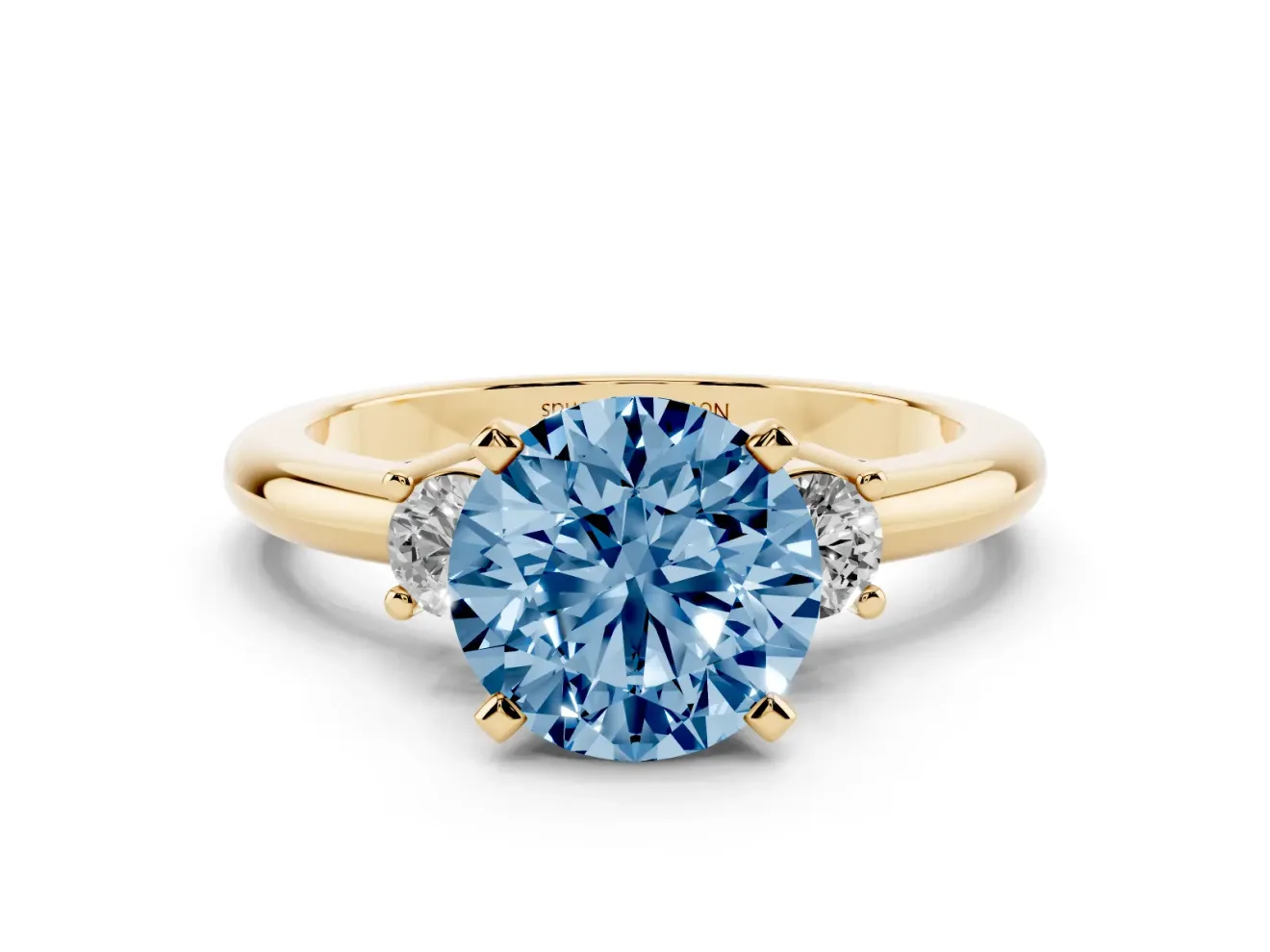 Fancy Blue Three-Stone Round Cut Diamond Ring Set in Yellow gold with Prong Setting and Plain Band