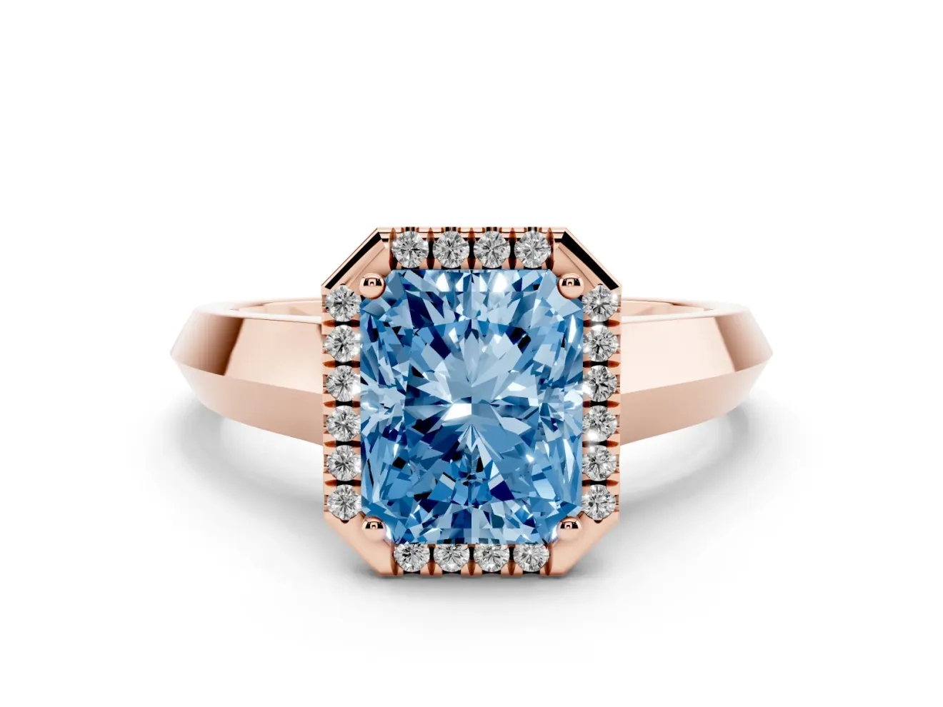 Fancy Blue Radiant Cut Diamond Halo Ring Set in Rose gold with Cathedral Band and Prong Setting