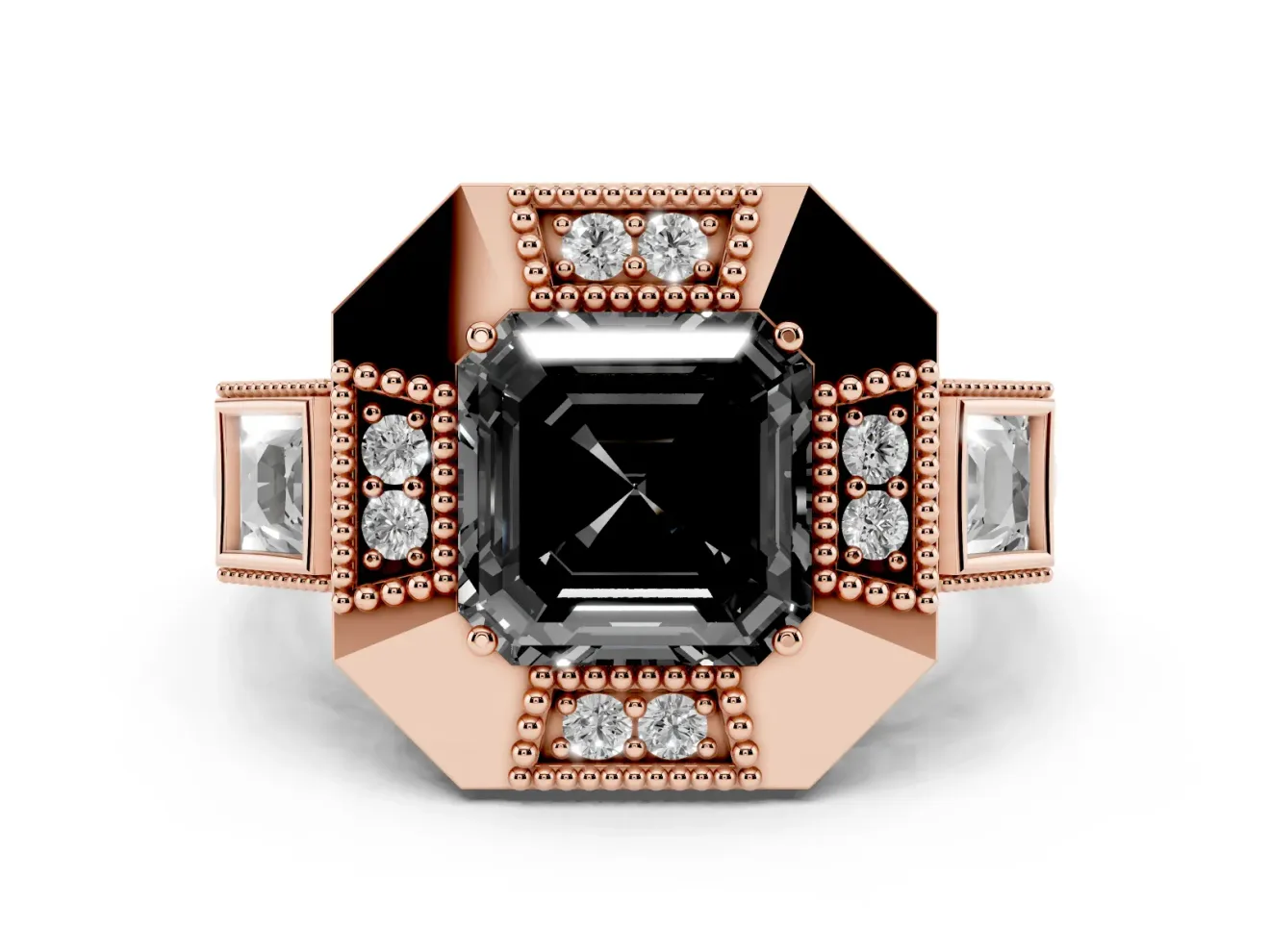 Fancy Black Asscher Cut Diamond Milgrain Halo Ring Set in Rose gold with Split Shank