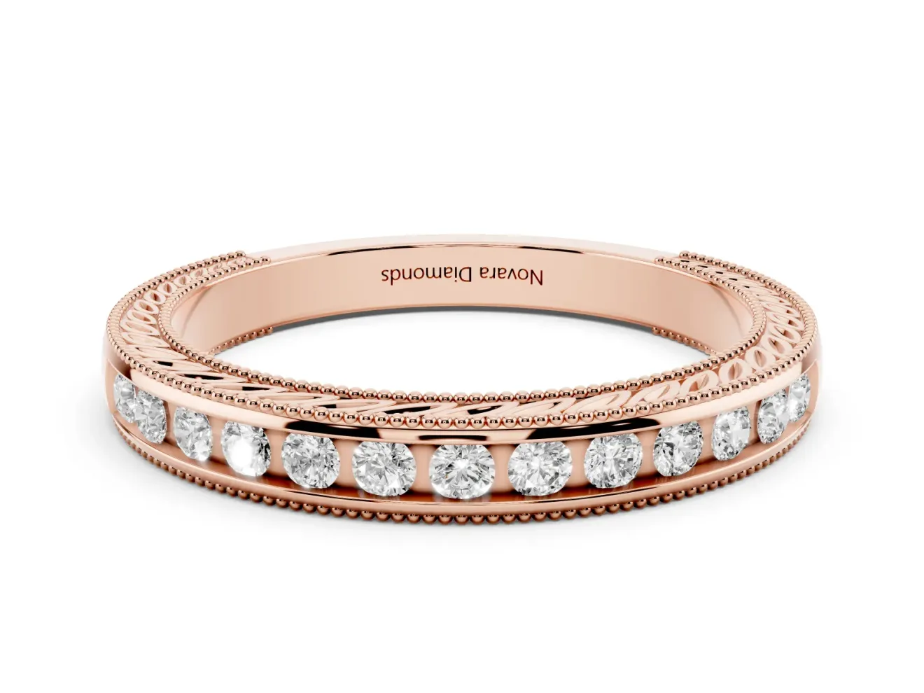 Round Lab-Grown Diamond Vintage Channel Set Wedding Band | Carved Leaf Sides | Rose Gold