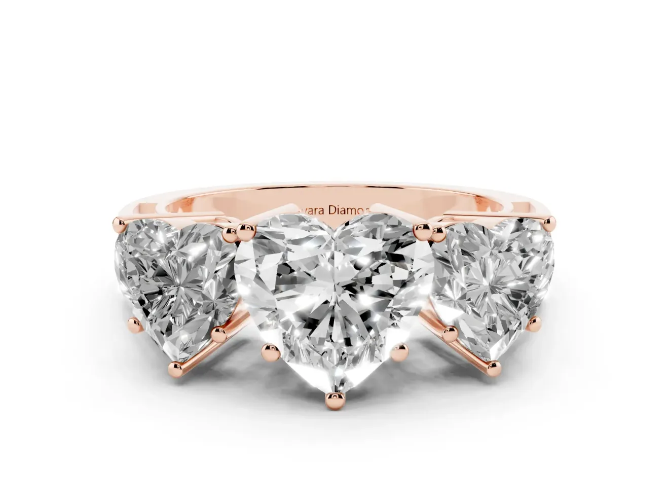 Heart-Shaped Three Stone Engagement Ring Setting | Beaded Shoulders | Rose Gold