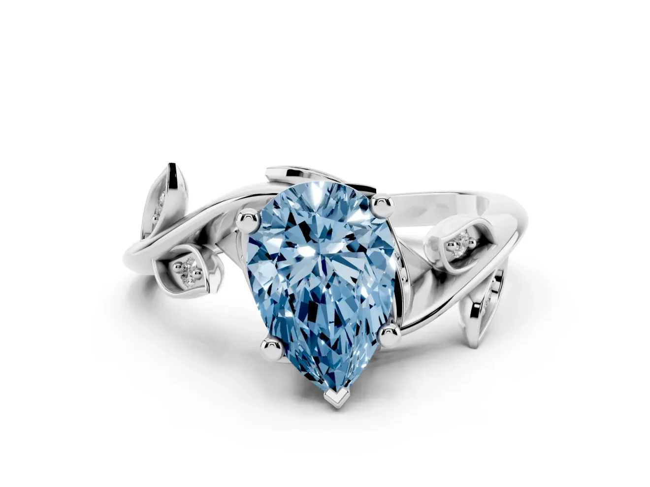 Fancy Blue Pear Cut Diamond Solitaire Twist Engagement Ring Set in Silver with Pavé Leaf Accents