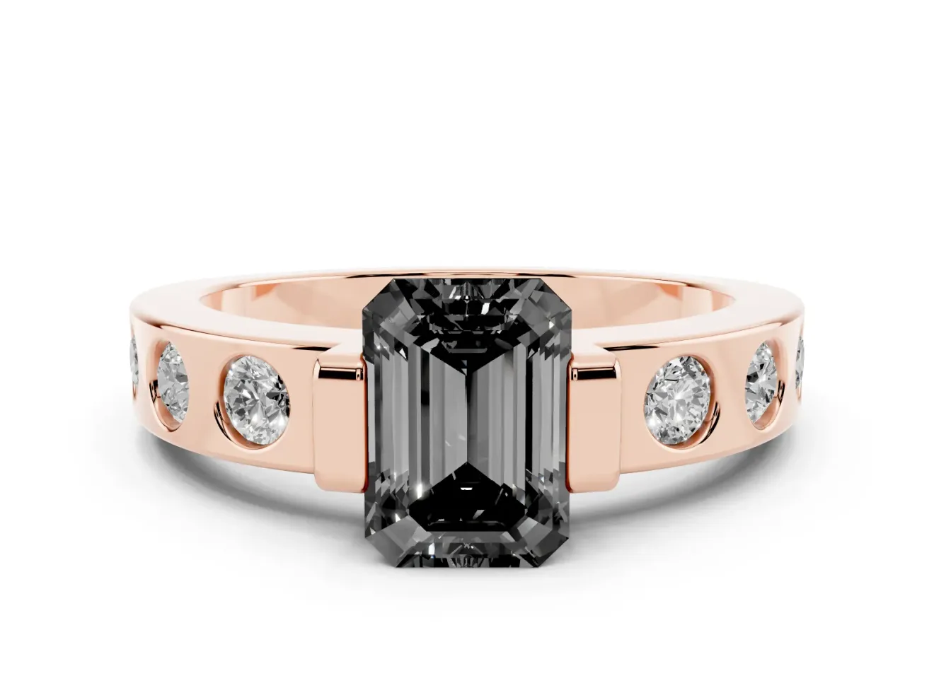 Emerald Cut Tension Style Engagement Ring Setting for a Black Center | Flush Set Accents | Rose Gold