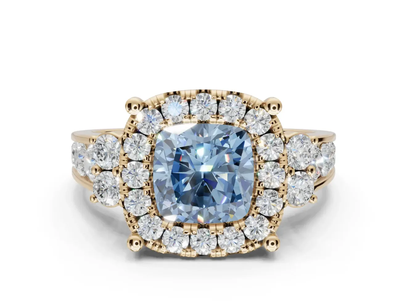 Cushion Cut Halo Engagement Ring Setting for a Fancy Blue Lab-Grown Diamond | Graduated Channel Band | Yellow Gold
