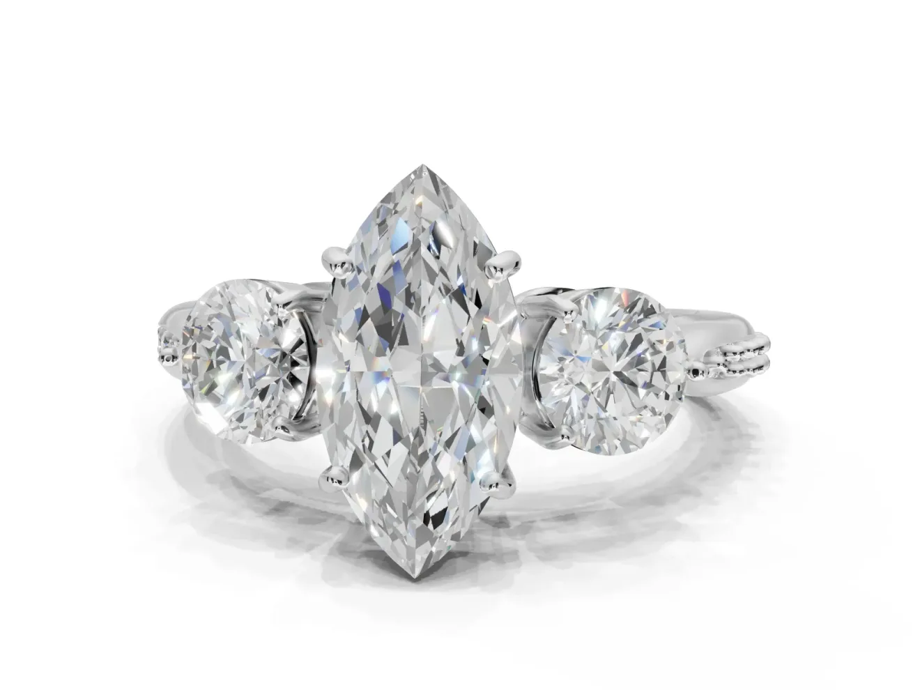 Marquise Three Stone Engagement Ring Setting | Tapered Pave Band | Sterling Silver