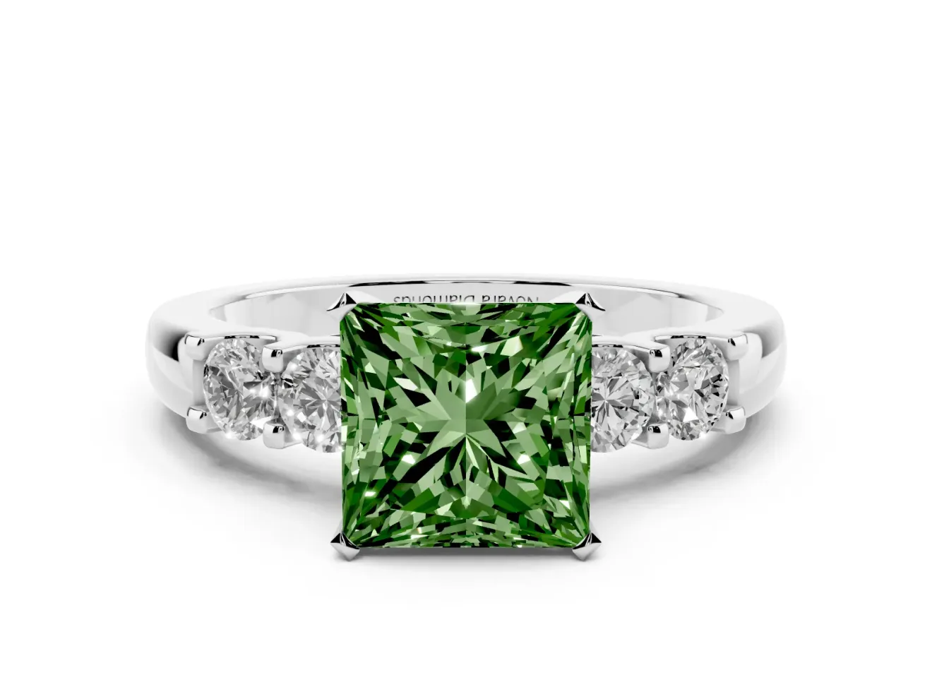 Fancy Green Princess Cut Diamond Five-Stone Prong Set Engagement Ring Set in Silver with Channel Band