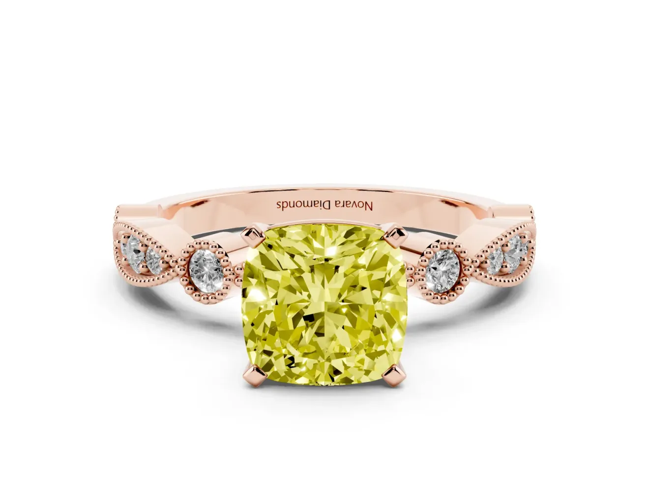 Fancy Yellow Cushion Cut Diamond Solitaire Engagement Ring Set in Rose gold with Milgrain Bezel Accent Band