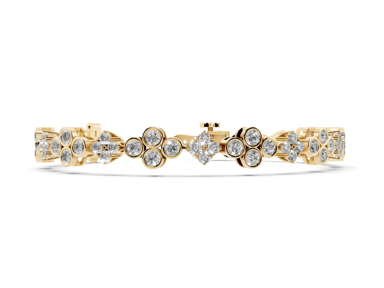 Round Lab-Grown Diamond Cluster Tennis Bracelet | Bezel Clover Stations | Yellow Gold