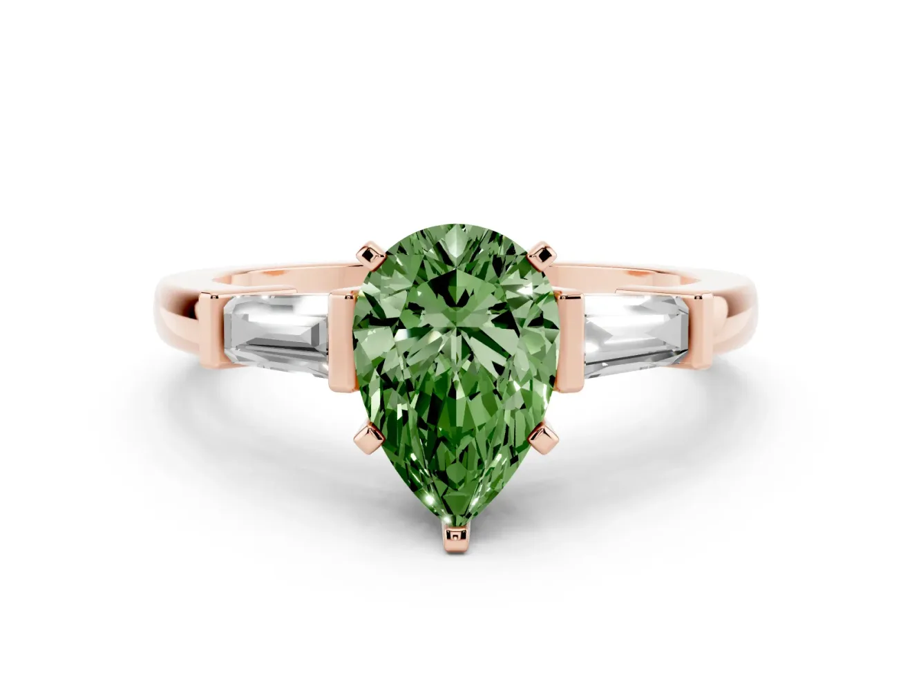 Pear-Shaped Three-Stone Engagement Ring Setting for a Fancy Green Lab-Grown Diamond | Tapered Baguettes | Rose Gold