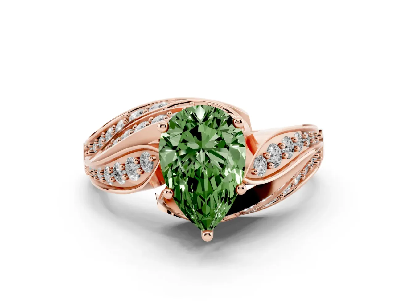 Fancy Green Pear Cut Diamond Solitaire Ring Set in Rose gold with Layered Twist Pavé Band