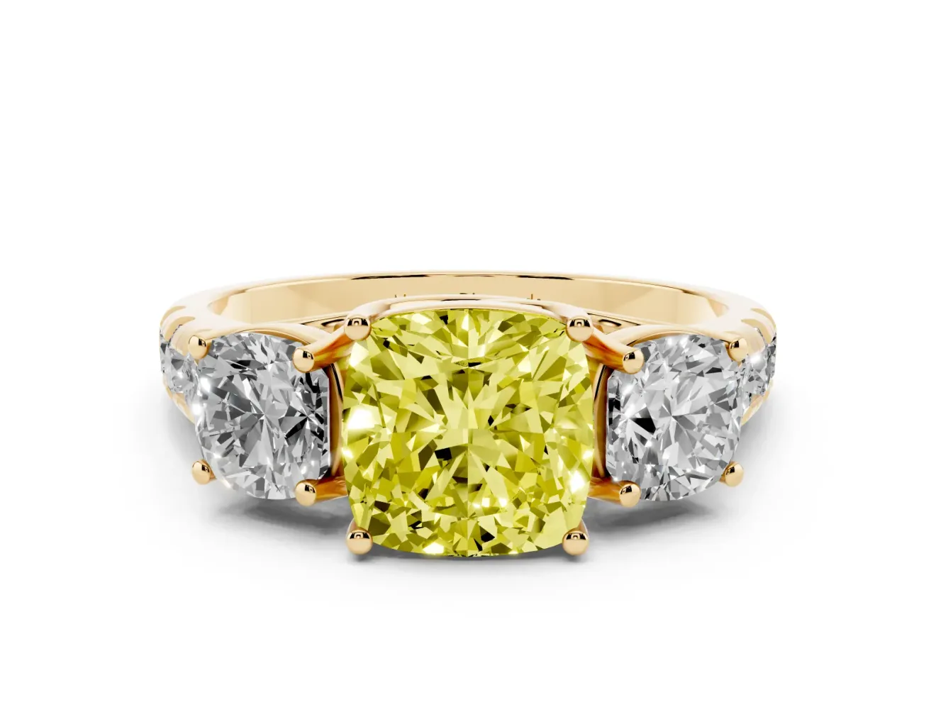 Fancy Yellow Cushion Cut Diamond Three-Stone Ring Set in Yellow gold with Pavé Band