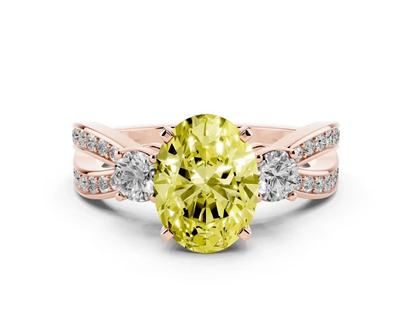 Fancy Yellow Three-Stone Oval Cut Diamond Twist Band Ring Set in Rose gold with Pavé Accents and Prong Setting