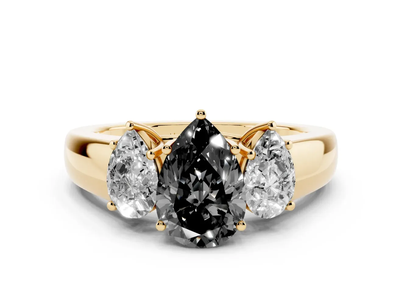 Pear-Shaped Three Stone Engagement Ring Setting for a Black Center | Yellow Gold