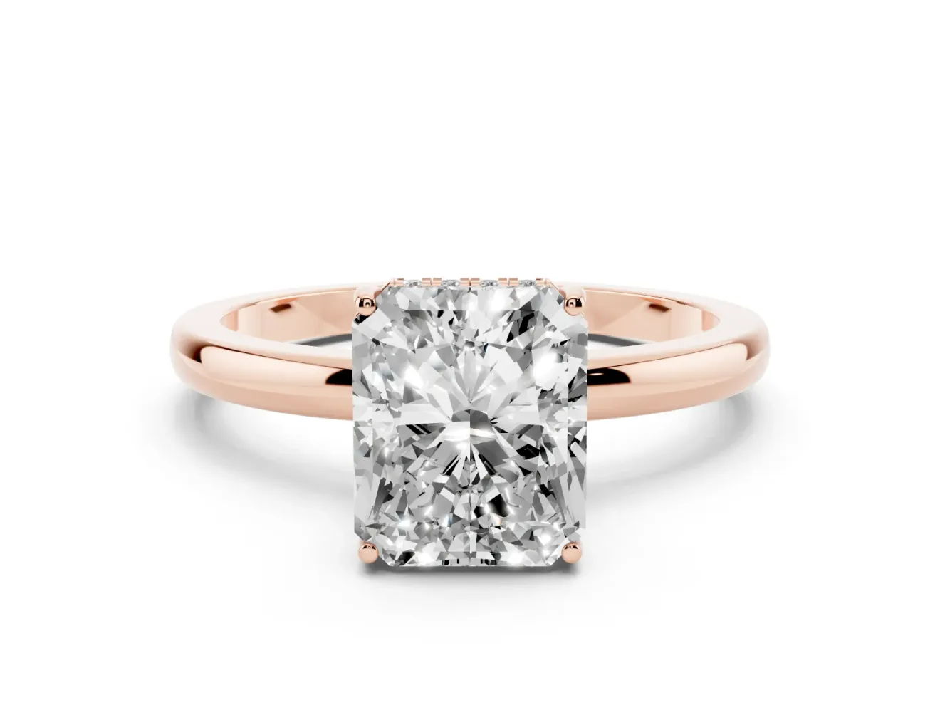 Radiant Cut Hidden Halo Solitaire Engagement Ring Setting | Thin Wire Band | Rose Gold