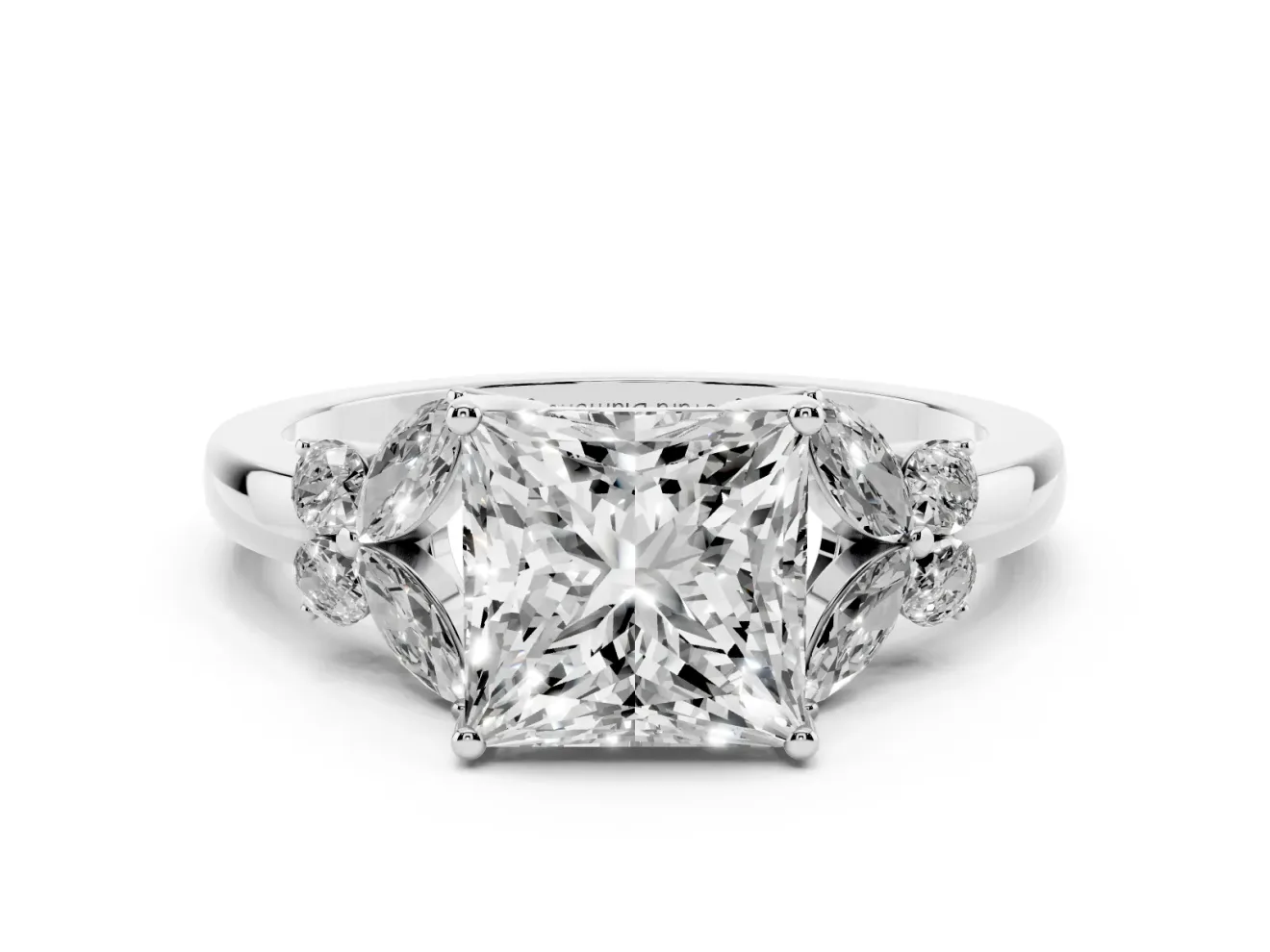 Princess Cut Diamond Solitaire Floral Ring Set in White gold with Marquise Petals and Prong Setting