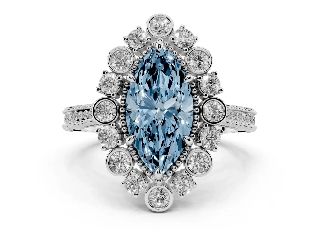 Fancy Blue Marquise Cut Diamond Halo Milgrain Pavé Ring Set in Silver with Prong Setting