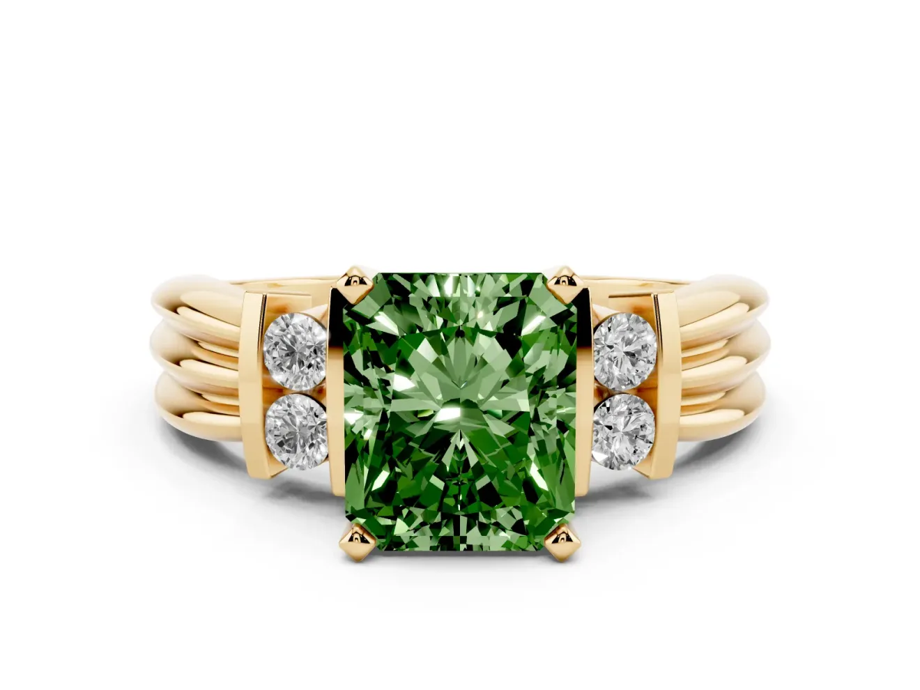 Fancy Green Three-Stone Radiant Cut Diamond Channel Set Ring Set in Yellow gold with Bar Prongs
