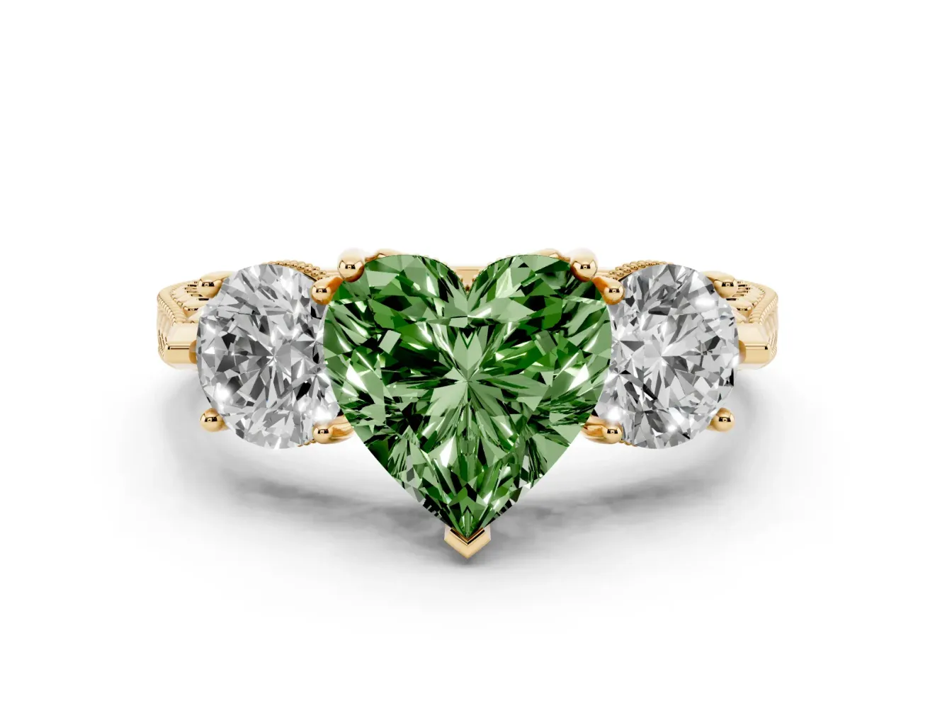 Fancy Green Heart Cut Diamond Three-Stone Ring Set in Yellow gold with Milgrain Band