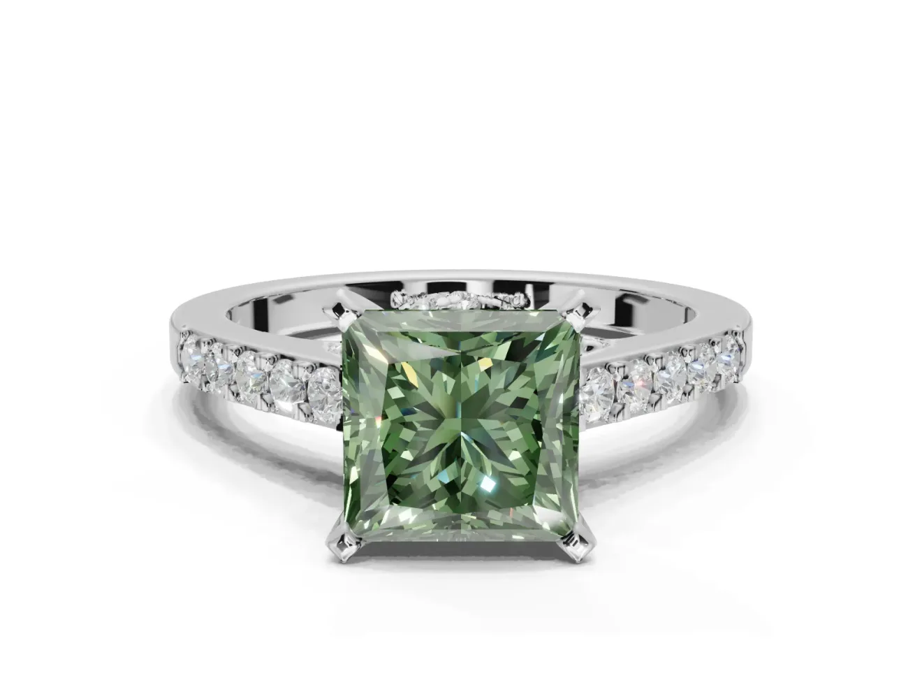 Princess Cut Pavé Solitaire Engagement Ring Setting for a Fancy Green Lab-Grown Diamond | Crossover Gallery | Platinum