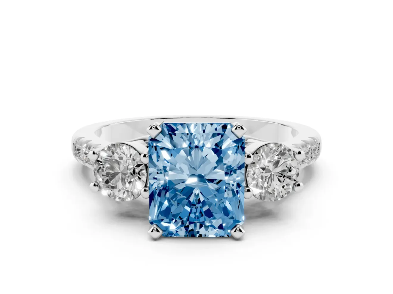 Radiant Cut Three-Stone Engagement Ring Setting for a Fancy Blue Lab-Grown Diamond | Platinum