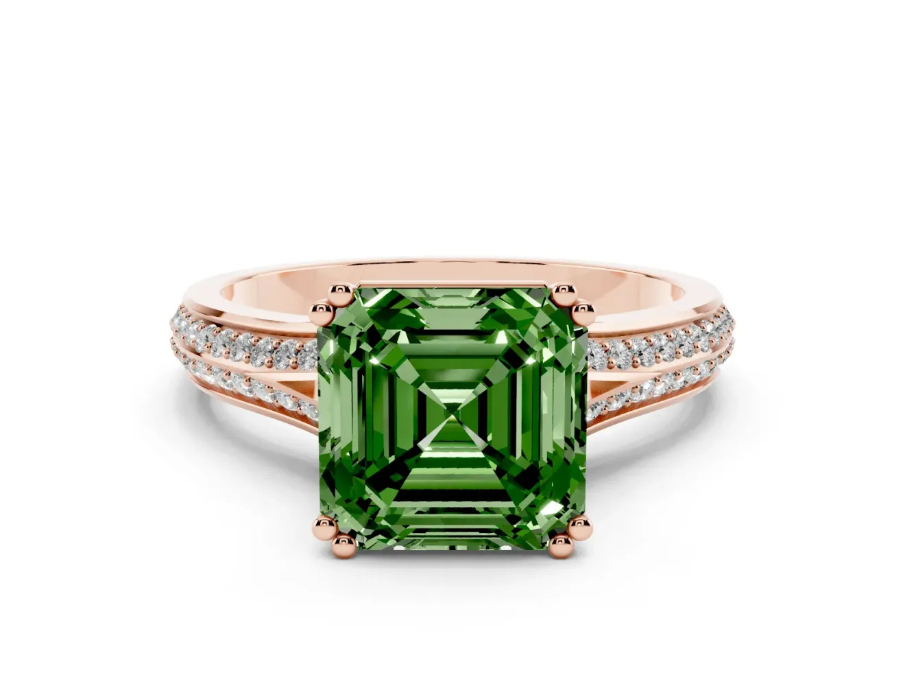 Asscher Cut Split Shank Engagement Ring Setting for a Fancy Green Lab-Grown Diamond | Pave Band | Rose Gold