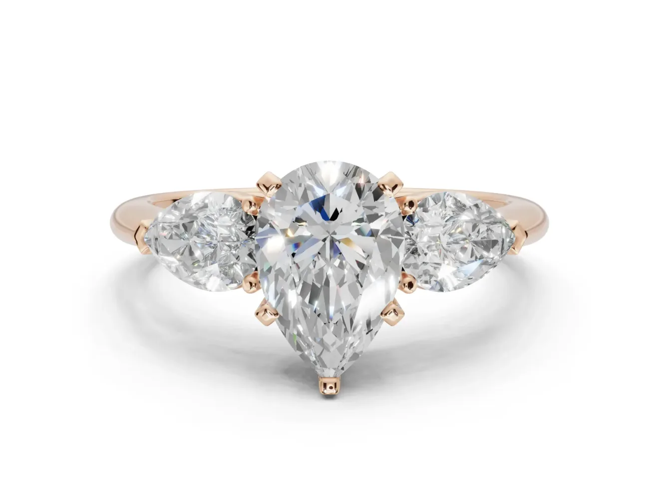 Pear-Shaped Three-Stone Engagement Ring Setting | Pear Side Stones | Rose Gold