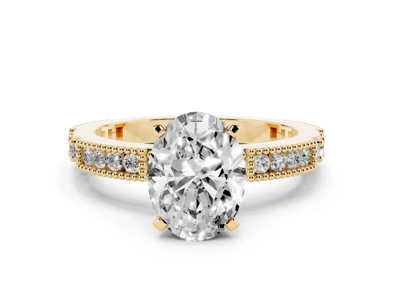 Oval Vintage Pavé Solitaire Engagement Ring Setting | Milgrain Edges | Yellow Gold
