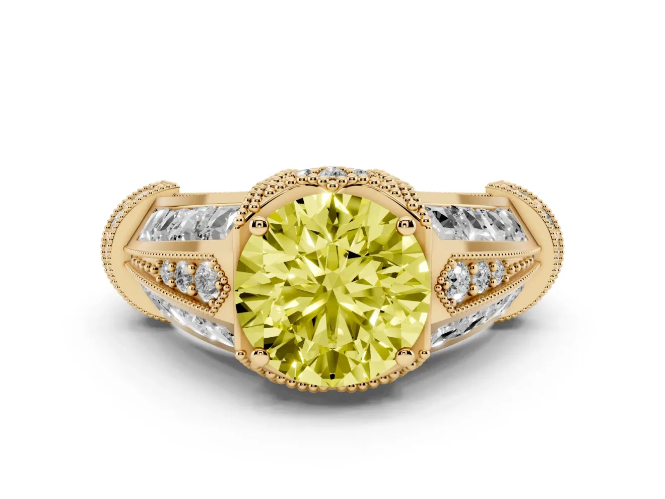 Fancy Yellow Round Cut Diamond Vintage-Inspired Milgrain Ring Set in Yellow gold with Accent Split Shank