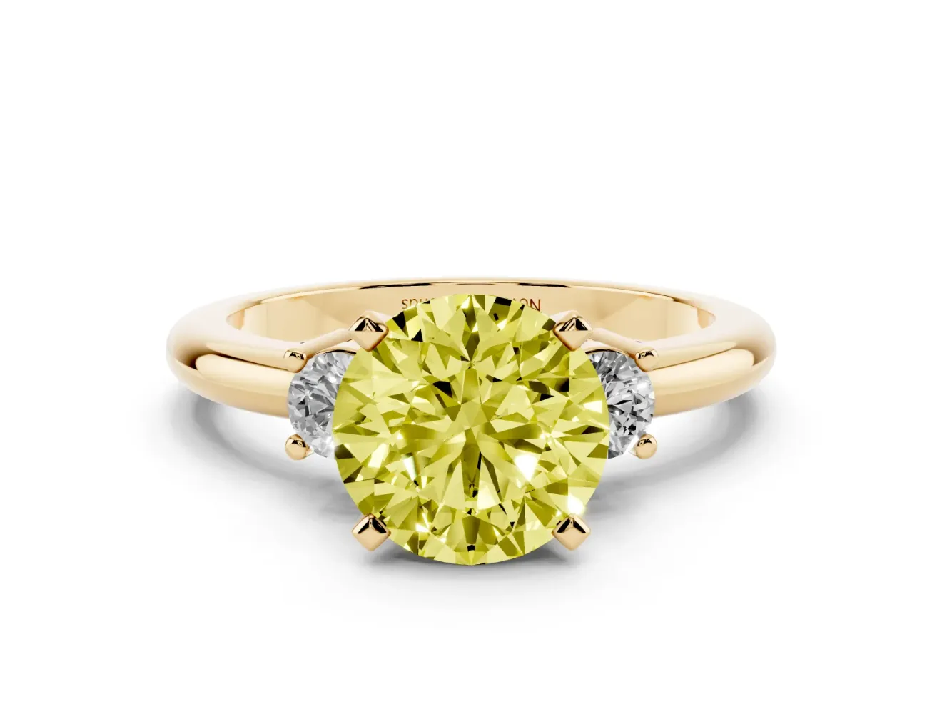 Round Three Stone Engagement Ring Setting for a Fancy Yellow Lab-Grown Diamond | Round Side Stones | Yellow Gold