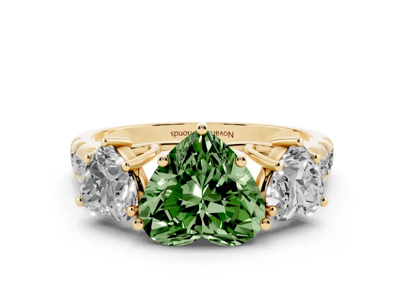 Heart-Shaped Three Stone Engagement Ring Setting for a Fancy Green Lab-Grown Diamond | Accented Shoulders | Yellow Gold